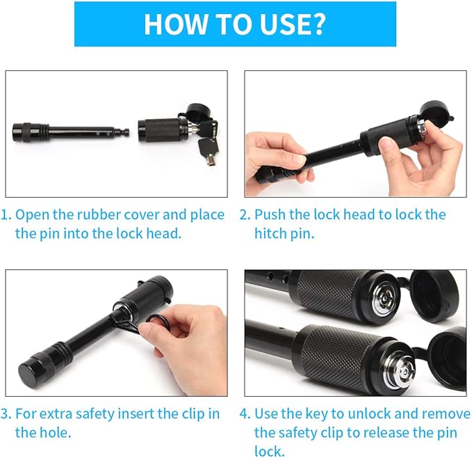 Coolrunner Trailer Hitch Lock Pin Set, 5/8" Extra Long Black Locking Hitch Pin, Heavy Duty Tow Hitch Receiver Lock with Anti-Rattle, Keys, Rubber Cap(5/8" Not Keyed Alike)