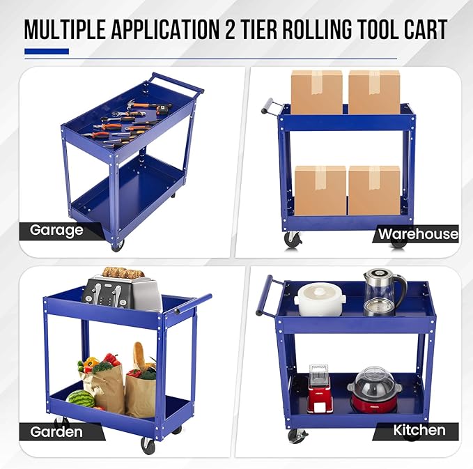 2 Tier Metal Utility Cart,330 Lbs Metal Heavy Duty Utility Cart On Wheels,2 Shelf Steel Rolling Tool Cart, Tool Storage Organizer for Mechanic, Garage, Workshop, Warehouse