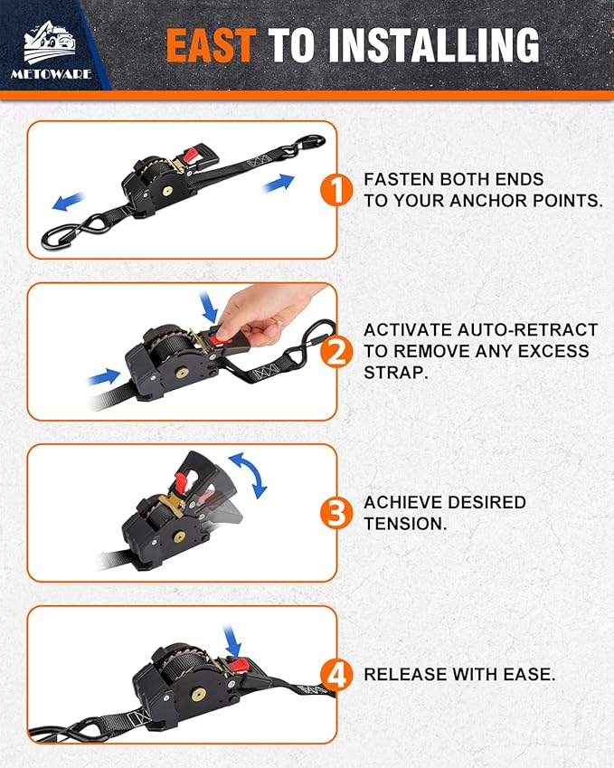 METOWARE Retractable Ratchet Straps (4-Pack) - 1" x 10' (1500lb Break Strength) - Heavy Duty Auto Self Retracting Tie Down Straps for Truck, Trailer, Cargo Van, Motorcycle - Black