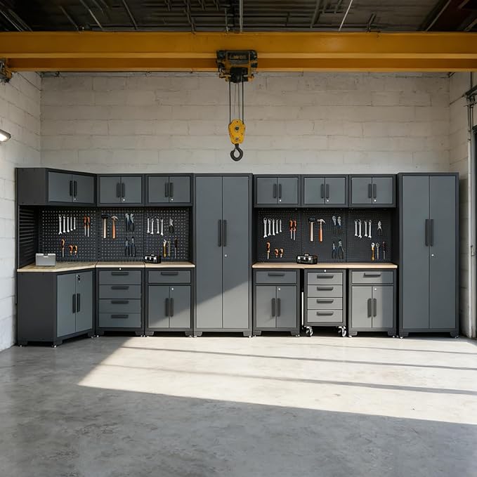 Garage Cabinets and Storage System, 17PCS Garage Storage Cabinet System Corner Workshop Set with Corner Cabinet, Cabinet Drawers, Workbench, Pegboard for Tool Organization, Black Grey