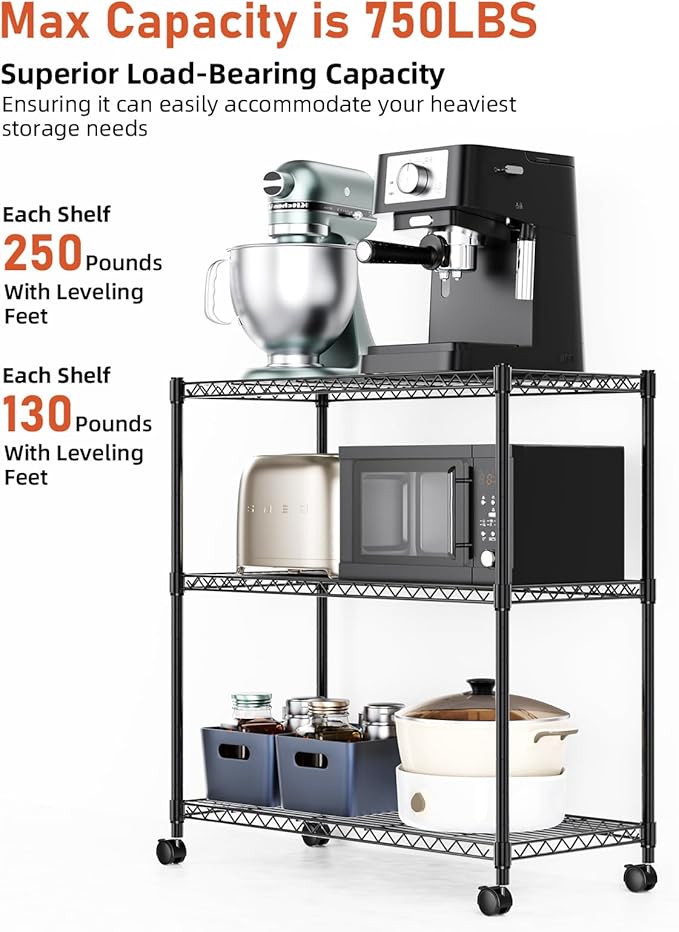 Simple Deluxe Heavy Duty 3-Tier Storage Shelves 750Lb Capacity, 24.02" D x 13.78" W x 29.92" H Shelving Unit for Pantry, Garage, Laundry and Kitchen, Black, 2 Pack