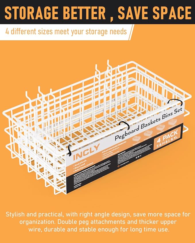 INCLY 4 Pack Pegboard Baskets Bins Set, 4 Size Square Style Metal White Wire Basket for Any Peg Board Organizing Tools, Pegboard Accessories for Workbench Garage Wall Storage Attachments