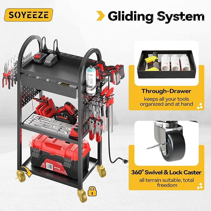SOYEEZE Utility Cart with Charging Station and Drawer, 4 Tier Rolling Cart with Pegboard, Floor Tool Cart on Wheels, Heavy Duty Metal Garage Storage Rack with 8 Outlet Power Strip