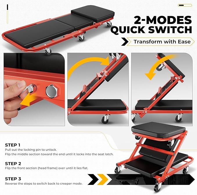 Auto Dynasty 40" Z-Creeper Seat, 2-in-1 Foldable Garage Creeper Shop Seat, 330 LBS Capacity Automotive Mechanic Repair Under Car Rolling Creeper Seat, Red