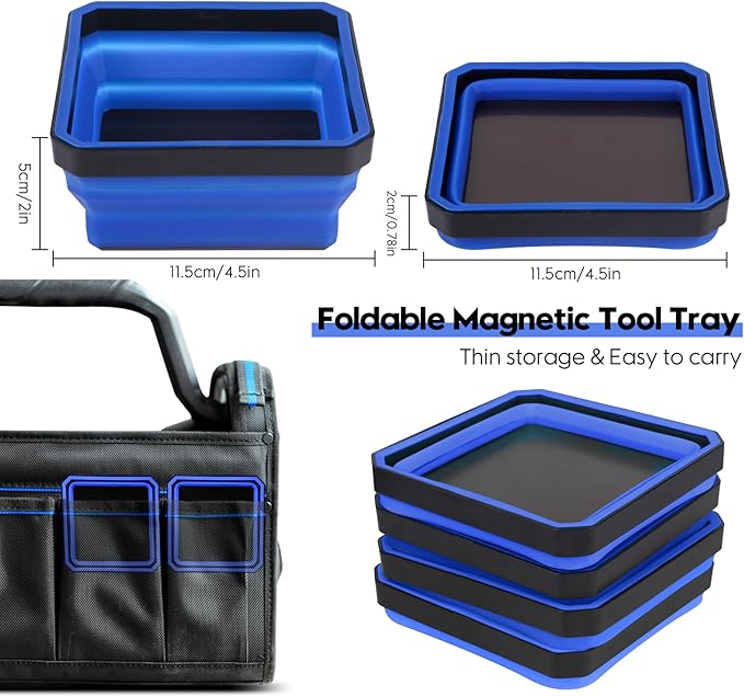 Collapsible Magnetic Parts Tray Set, 4 Pack New Version Magnetic Tool Trays for Screw Bolts Nuts Washers Pins & Small Metal Parts-4.5” Square Silicone Bowls with Double Sided Magnetic Base(Dark Blue)