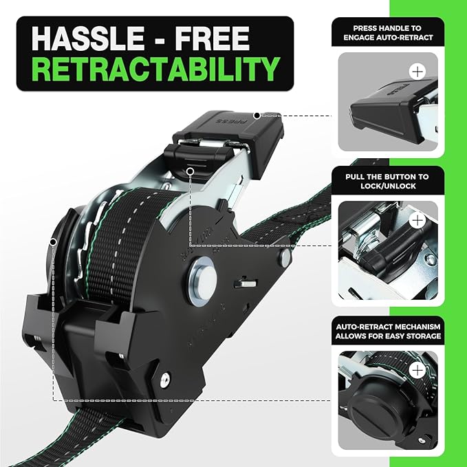 Retractable Ratchet Straps (4 Pack) -(1,500lb Break Strength) -1 Inch x 12 Feet Heavy Duty Auto Self Retracting Tie Down Straps (Black-Green)