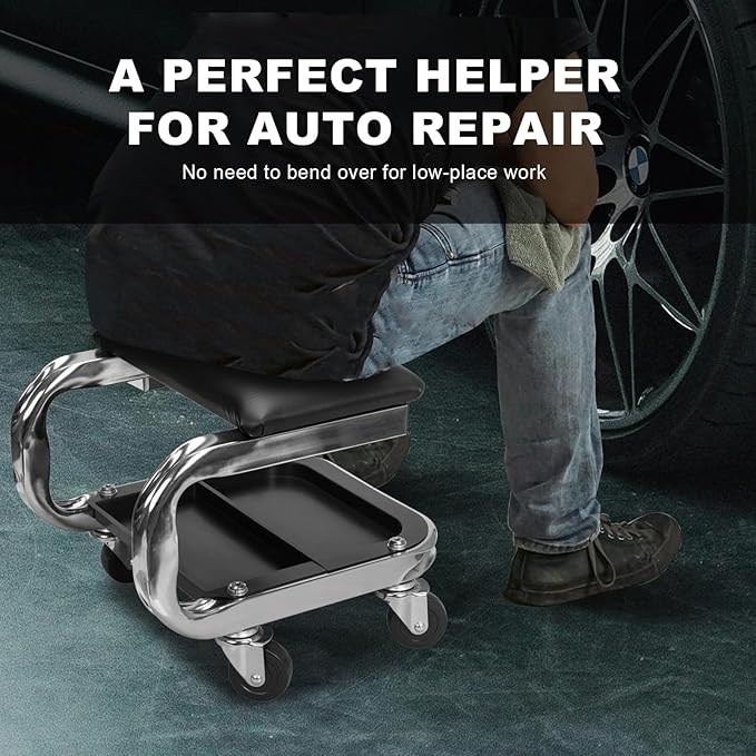 AR7451B Torin Heavy Duty Rolling Creeper Garage/Shop Seat: Padded Mechanic Stool with Tool Tray Storage and Cup Holder, Black