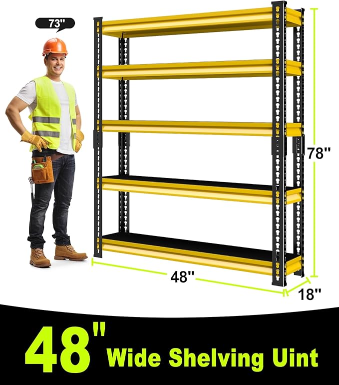 Garage Shelving Heavy Duty 2500LBS Loads, 48" W Adjustable Garage Storage Shelves, 5-Tier Metal Shelving Units and Storage, Industrial Utility Shelf, 48" Wx18 Dx78 H,Yellow