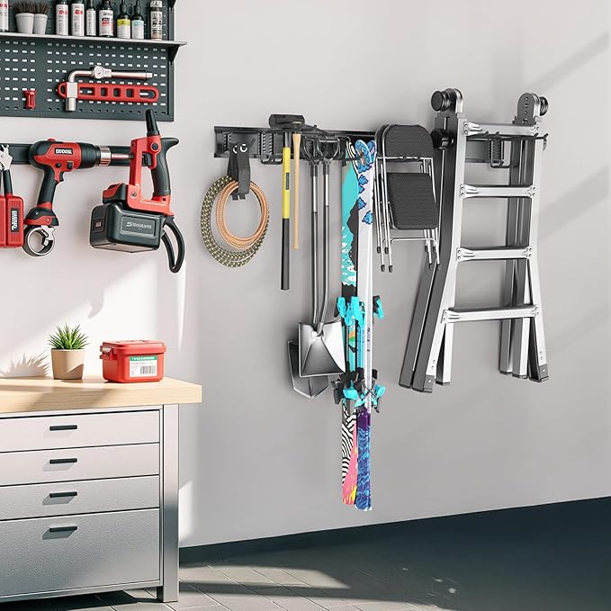 Garage Storage, Wall Mount Tool Storage Rack, 48 Inch Heavy-Duty Garage Organization Hook Set with Adjustable Rails, Tool Organizers and Storage Broom Holder Wall Mount, Gifts for Men