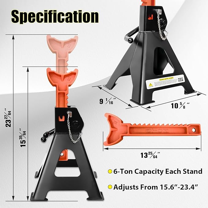 Jack Stands 6 Ton (13,200 LBs), 15.6"-23.4" Adjustable with Double Pin Locking,Heavy Duty Jack Stands with Extra Rubber Pads,Car Lifts for Home Garage 1 Pair Black