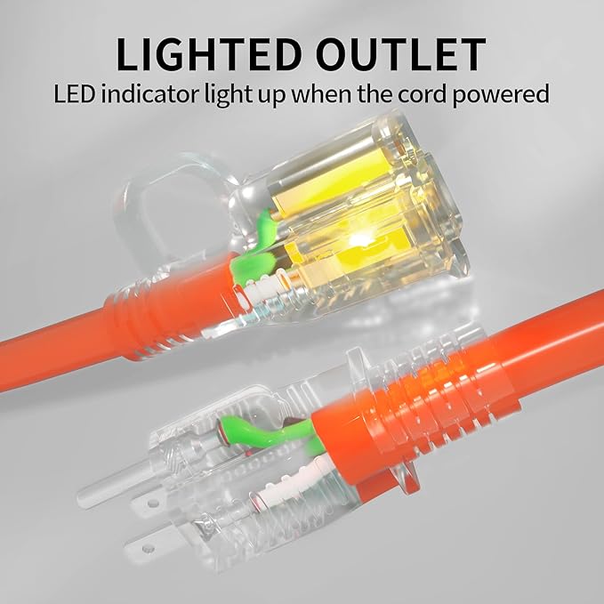 POWGRN 150 ft 12/3 Outdoor Extension Cord Waterproof Heavy Duty with Lighted Indicator End 12 Gauge 3 Prong, Flexible Cold-Resistant Long Power Cord Outside, 15Amp 1875W SJTW Orange ETL Listed