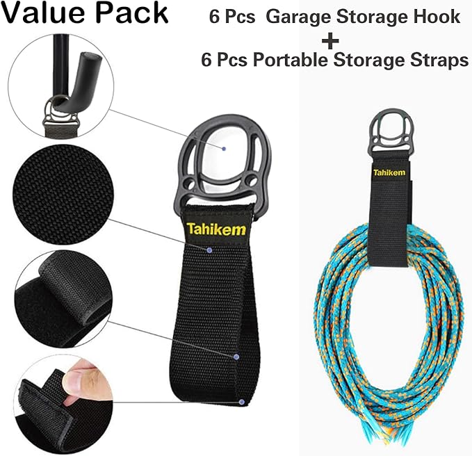 6 Set Garage Hooks - Wall Mounted, Heavy Duty, 7 Inch Large, Extension Cord Hanger, J Hooks for Ladder, Mowers, Cable Bracket - Black