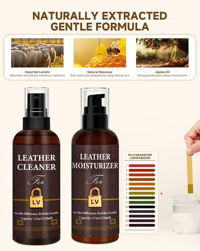 Leather Cleaner & Moisturizer Set for Louis Vuitton, Cleaning and Maintenance Set for LV, Powerful Stain Removal, Gentle Care, Suitable for LV Handbags/Wallets and Other Luxury Brands