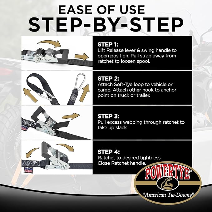 PowerTye 1.5in x 6.5ft Heavy Duty Ratchet Tie-Down Straps with Soft-Tye and Carabiner Hooks - 1,000 lb Working Load Limit / 3,000 lb Breaking Strength - Made in USA - Purple/Black (Pair)