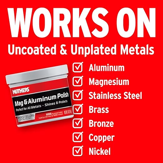 Mothers Mag & Aluminum Polish, 5 oz. — Brilliant Shine, Easy to Use, For All Uncoated & Unplated Metals Including Aluminum Wheels, Stainless Steel Trim and Exhaust Tips, Brass & More (05100)