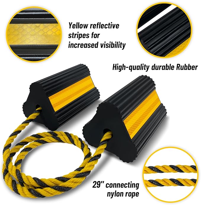 HOXWELL Wheel Chocks (2pair/4pack with Rope) for RV Trailer Camper Truck Car Aircraft, Versatile Heavy Duty Rubber Wheel Chocks Block with 3 Reflective Strips, Tire Wheel Immobilizers & Chocks