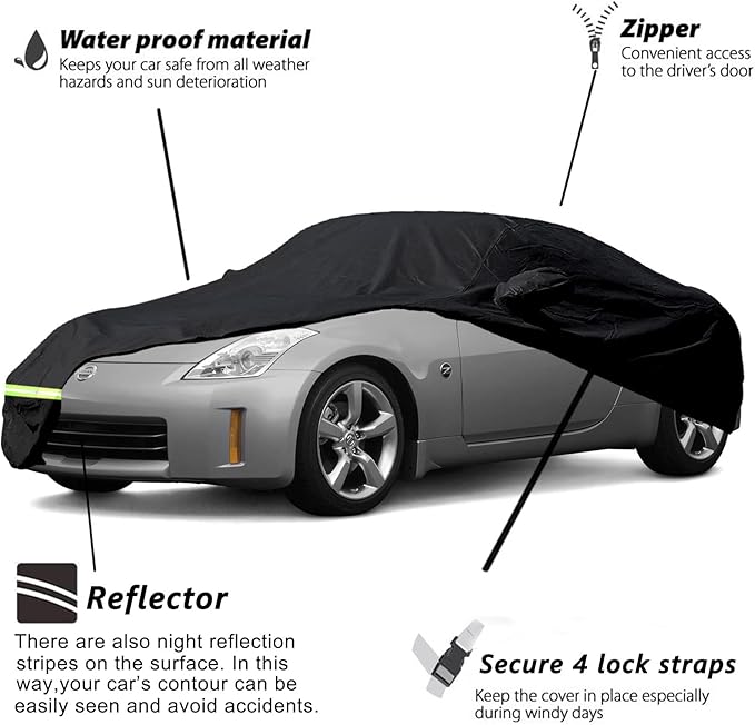 YIXIN Waterproof Car Covers for 2003-2009 Nissan 350Z Car Covers 190T Covers Customer Fit 100% Waterproof Windproof Strap & Double Door Zipper Up to 173” L (Black) (Black)