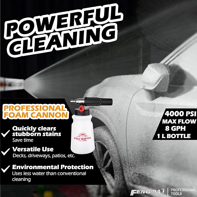 FENG PAI Foam Cannon for Pressure Washer, Car Wash Snow Foam Cannon Lance Pressure Washer Soap Dispenser with Adjustable Thick Foam, 1/4 Quick Connector, 1L