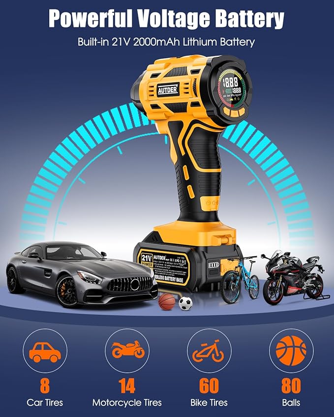 AUTDER Cordless Tire Inflator, 180PSI Portable Air Compressor with 21V Rechargeable Battery & 12V DC Car Adapter, Fast Inflation Digital Pump for Cars, Motorcycles, Bikes & Sports Balls - Black Yellow