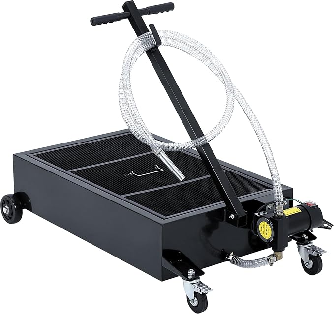 GarveeTech Low Profile Oil Drain Pan 12V, 25 gal Metal Oil Change Pan Large Capacity with 180W Electric Pump, 8 ft Hose & Folding Handle for Cars, SUVs, Trucks, Buses, RVs, Black