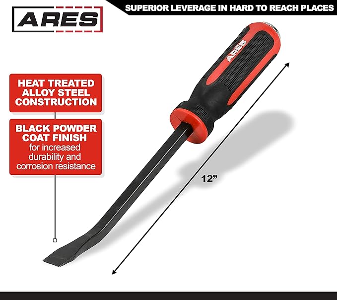 ARES 46006-12-Inch Pry Bar - Angled Tip for Lifting and Prying - Comfortable Non-Slip Double Injection Handle