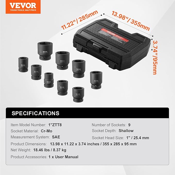VEVOR Axle Nut Impact Socket Set - 1" Drive 6-Point 9-Piece SAE Spindle Nut Socket CR-MO Heat Treated Large Socket Set with Storage Case for Auto Repair, Removing or Installing Axle Nuts