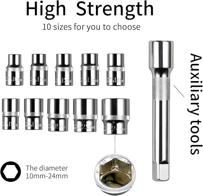 Egofine 12pcs 1/2 Inch Ratchet Socket Wrench Set, Drive Socket Set with 10 Sockets 10-15,17,19,22,24mm and 2 Way Quick Released Ratchet Handle and Extension Bar
