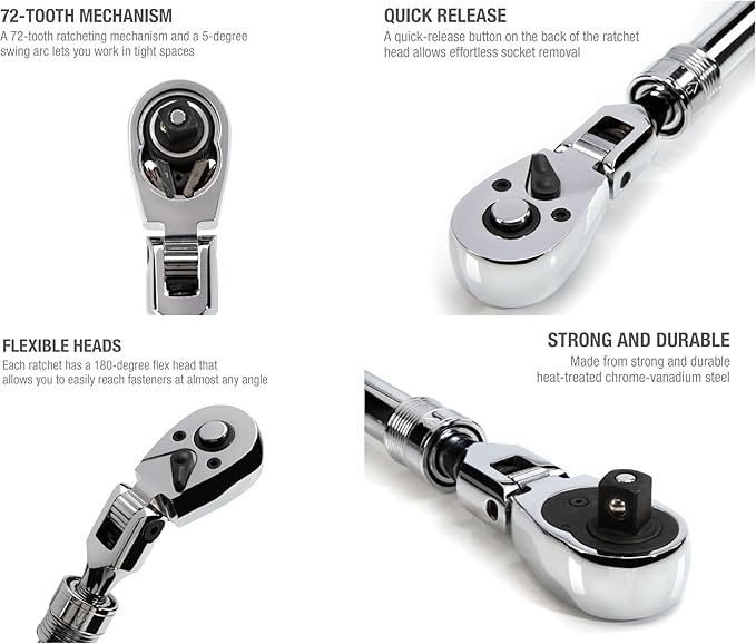 Steelman Pro 1/4-inch Drive 72-Tooth Extendable Flex-Head Ratchet (6.75-8.75-Inch Length), Heat-Treated Chrome-Vanadium Steel, Quick Release, Comfort Grip, Ideal for Auto Mechanics/Confined Spaces