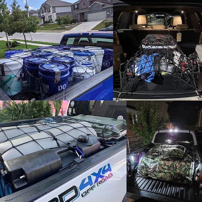 Amiss 3' x4' Stretches to 6' x 8' Truck Cargo Net, Roof Rack Cargo Net for Pickup Trucks SUV, Heavy Duty Truck Bed Cargo Bungee Net with 12 Blue Clips and Storage Bag， Car Exterior Accessories