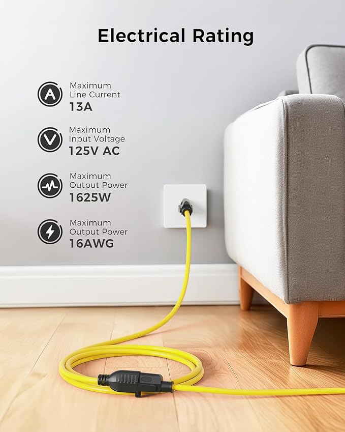 [UL Listed] Cable Matters 2-Pack 16 AWG Heavy Duty 13A Power Extension Cord - 10ft, 3 Prong Power Cord Extension, NEMA 5-15P to NEMA 5-15R, Yellow