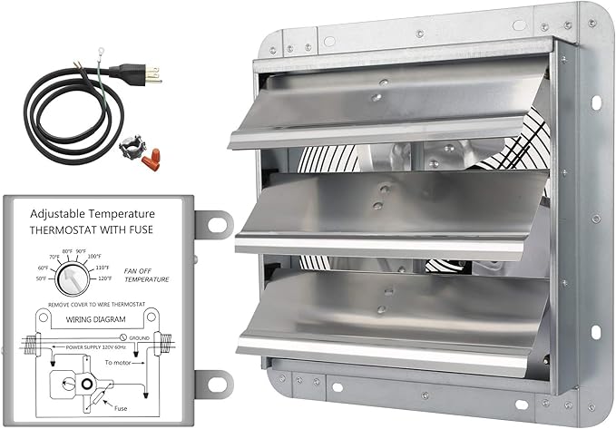 iPower 10 Inch Wall Mounted Shutter Exhaust Fan with Temperature Controller and Power Cord Kit, Aluminum, 1600 RPM, 820 CFM, for Attic, Garage, Louvered Vent, Plant, Greenhouse, Silver