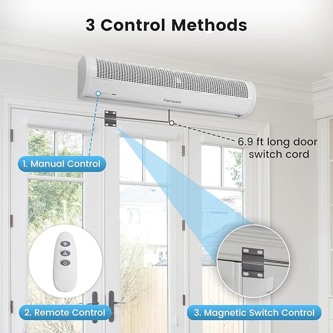Fanspex 36" Wall Mounted Air Curtain, 2-Speed Commercial Over Door Fan for Home Garage Shop Restaurant, 120W Low Consumption with Magnetic Door Switch (White)