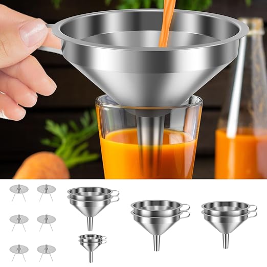 14 Pack Stainless Steel Funnel Set, Filter Kitchen Funnel with 6 Fine Mesh Strainers, 4 Sizes Funnels for Kitchen Use Filling Bottles, Filling Bottles, Oil, Jam, Liquid & Powder
