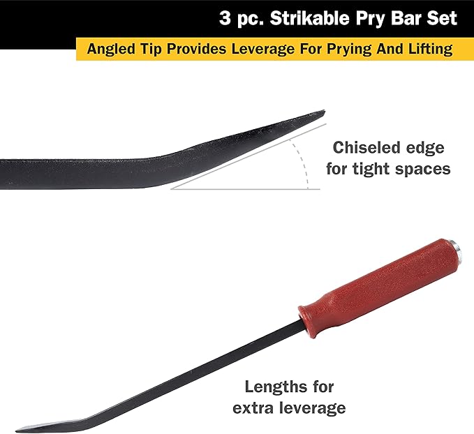 TEKZ 17113 3-Piece Angled Tip Pry Bar Set with Strike Cap Handle