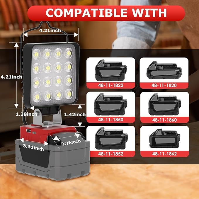 96W 10000LM LED Work Light for Milwaukee m18 18v Battery - Cordless Work Light w/USB & Type C Charging Port 180° Adjustable Angle Portable Flood Light Flashlight,Fathers Day Tool Gifts for Men Dad