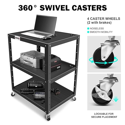 DNA Motoring 3-Layer Utility Steel AV Cart with Wheels Power Strip, 35" x 25" x 24"-42" Height Adjustable Rolling Projector Cart,TOOLS-00137