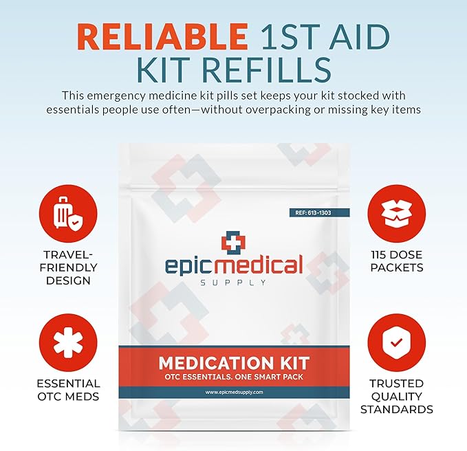 Epic Medical Supply First Aid Kit Medication Refill 115-Count Unit Dose Packets Alcohol Pads & Bandages Emergency Medicine Kit Pills 1st Aid Kit Refill Travel Camping Assembled in USA (115 Pieces)