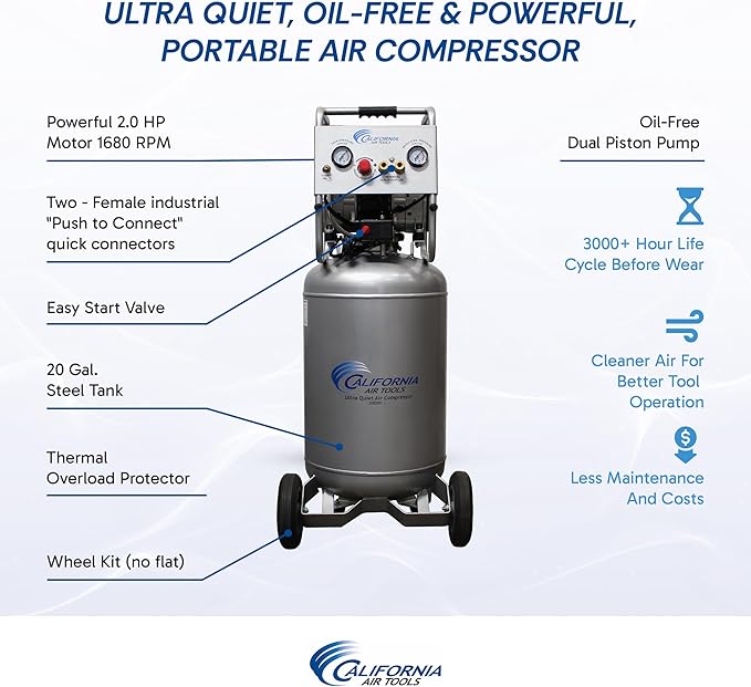 California Air Tools 20020-22060 2.0 HP Ultra Quiet and Oil-Free Air Compressor with Wheels, 20 Gallon Tank Capacity, 70 dB Noise Level, Electric, Portable, 220 Volts / 60hz