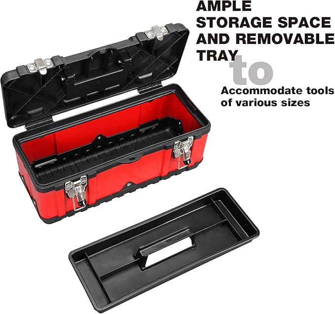 Jack Boss Steel Tool Box 15.5 Inch Small Portable Tool Organizer Box with Built-in Short Non-slip Handle Car Box with Removable tray