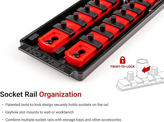 TEKTON 1/4 Inch Drive 12-Point Socket Set with Rails and Tray, 28-Piece (4-15 mm) | SHD90214