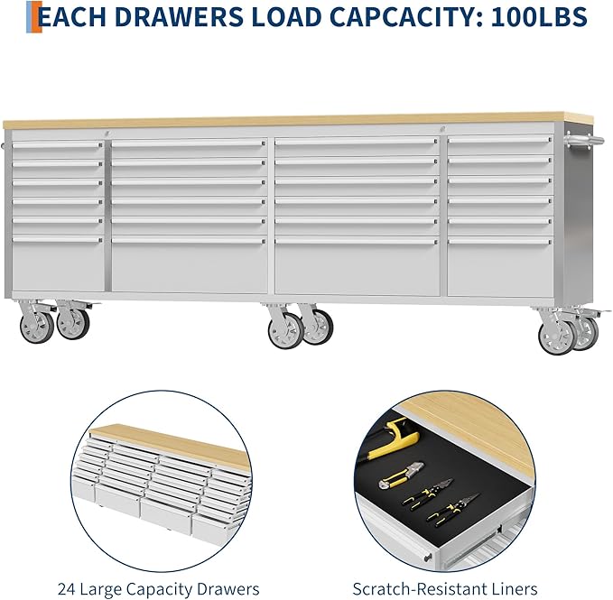 IDEALHOUSE 96 inch Rolling Tool Chest, Garage Workbench with 24 Drawers, Solid Rubber Wood Top & with Wheels Lock Key Locking, Mobile Workstation Tool Cabinet for Workshop Storage