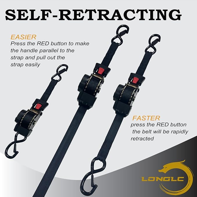 2-Pack Retractable Ratchet Straps Pink Heavy Duty - 1 Inch X 10Feet with Soft Loops, 2,000lbs Breaking Strength - Best for Trucks, Cargo Trailer, Motorcycle, Tie Down Straps Ratchet