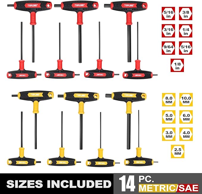 Topline 14-Piece Allen Wrench Set, Metric&SAE T-Handle, Long Arm Hex Key Set with Storage Box, Portable Allen Key Set for Basic Home Repair and Mechanical Maintenance