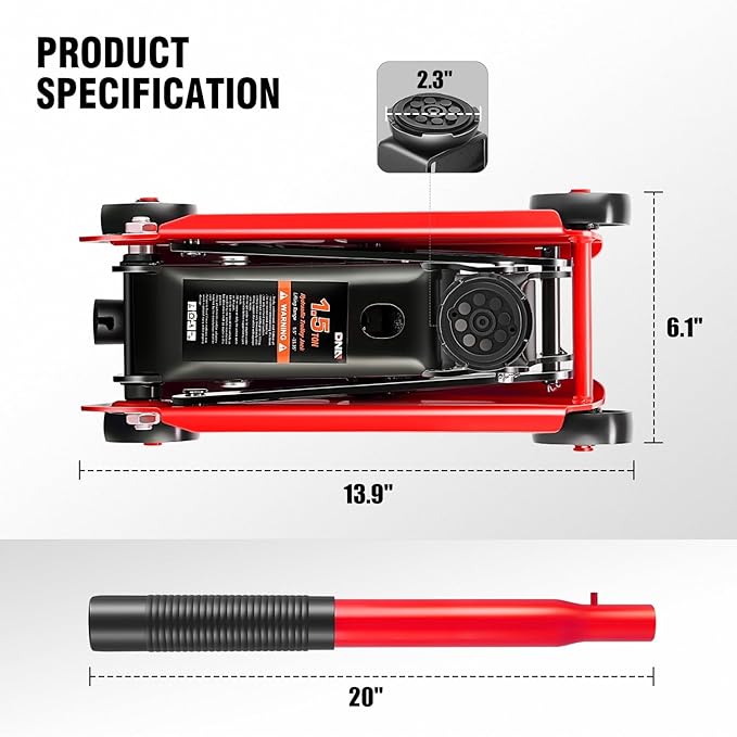 DNA Motoring Low Profile Hydraulic Trolley Service/Floor Jack, 1.5 Ton (3000 lbs) Capacity, Lifting Range 5.5"-15.35",Red, TOOLS-00675-RD