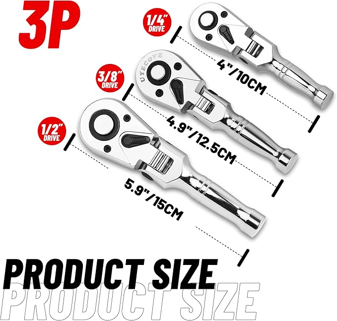 1/2 3/8 1/4 Inch Drive Stubby Ratchet Set, Flex Head Ratchet Set Stubby Ratchet Wrench Set, 72 Tooth Quick Release Swivel Head Ratchet Cr-Mo Head Socket Wrench Flexible Ratchet Handle