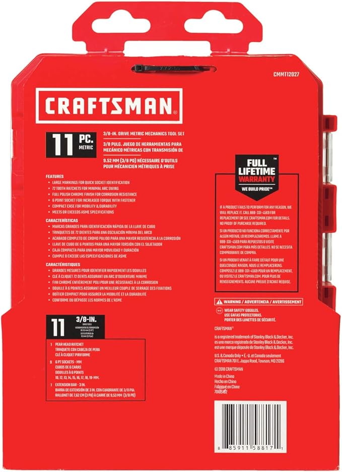 CRAFTSMAN Socket Set with Ratchet, Metric, 3/8" Drive, 11-Piece Set with Case (CMMT12027)