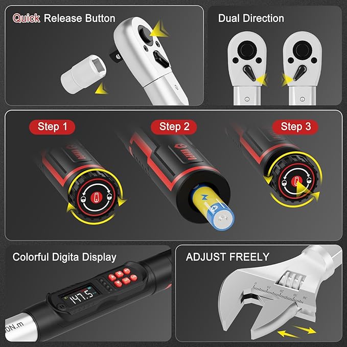 VANPO Adjustable Digital Torque Wrench, 7.4-147.5Ft.lb/10-200Nm, ±2% Accuracy, HVAC Torque Wrench Interchangeable 38mm Jaw & 1/2" Ratchet, Buzzer, Vibration and LED Alert for Split AC, Car