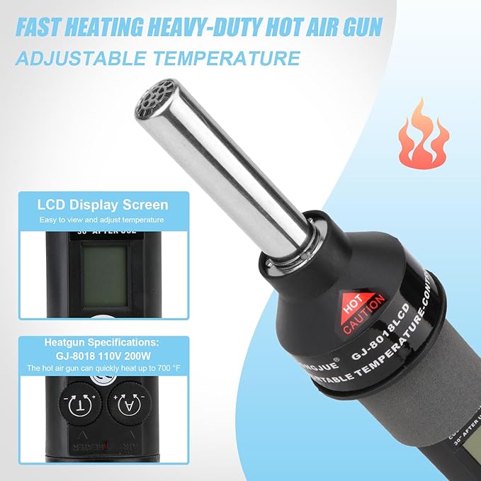 Rongon Heat Gun for Shrink Tubing, Hot Air Rework Station, 110V 200W LCD Heating Soldering Hot Air Gun, Adjustable Heatgun for Crafts, Shrink Wrap, Electronics, Resin, Wire