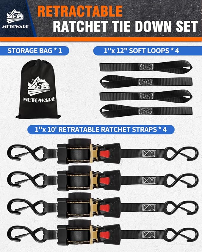 METOWARE Retractable Ratchet Straps (4-Pack) - 1" x 10' (1500lb Break Strength) - Heavy Duty Auto Self Retracting Tie Down Straps for Truck, Trailer, Cargo Van, Motorcycle - Black
