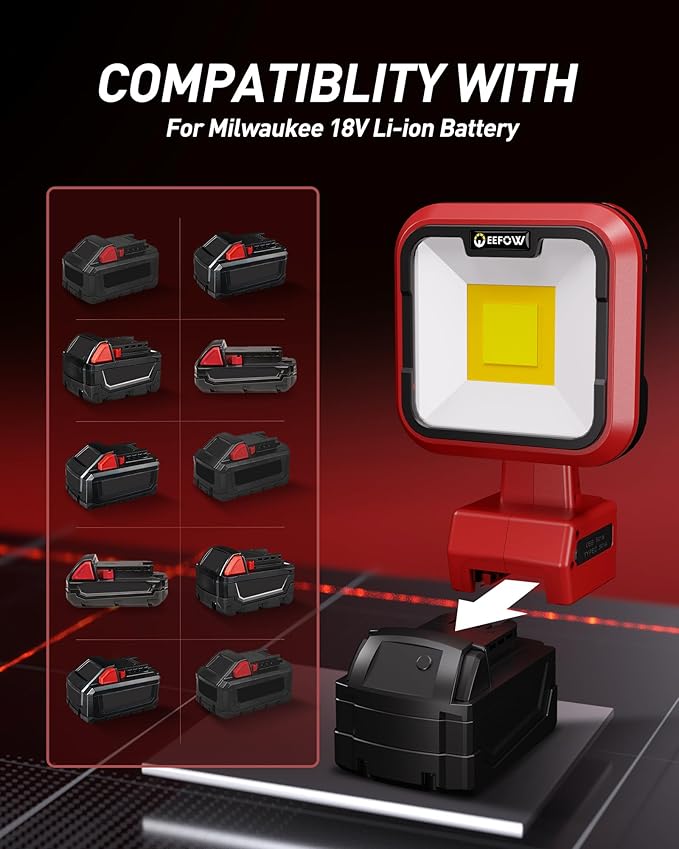 EEFOW Work Light for Milwaukee m18: 9500LM Cordless Led Lights for 18v Battery, 90W Portable 140° Rotate Flood Flashlight with USB & Type C Charge Smart Protect Battery for Indoor Outdoor Lighting